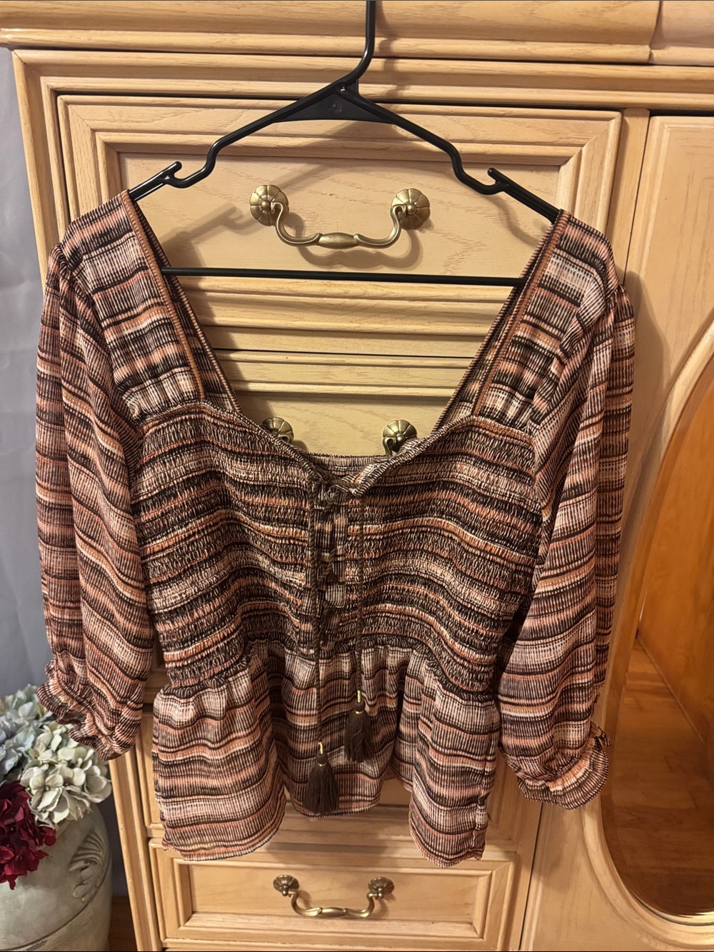 Shyanne Striped Rust Tie-Front Peasant Top - Women - Picture 6 of 9